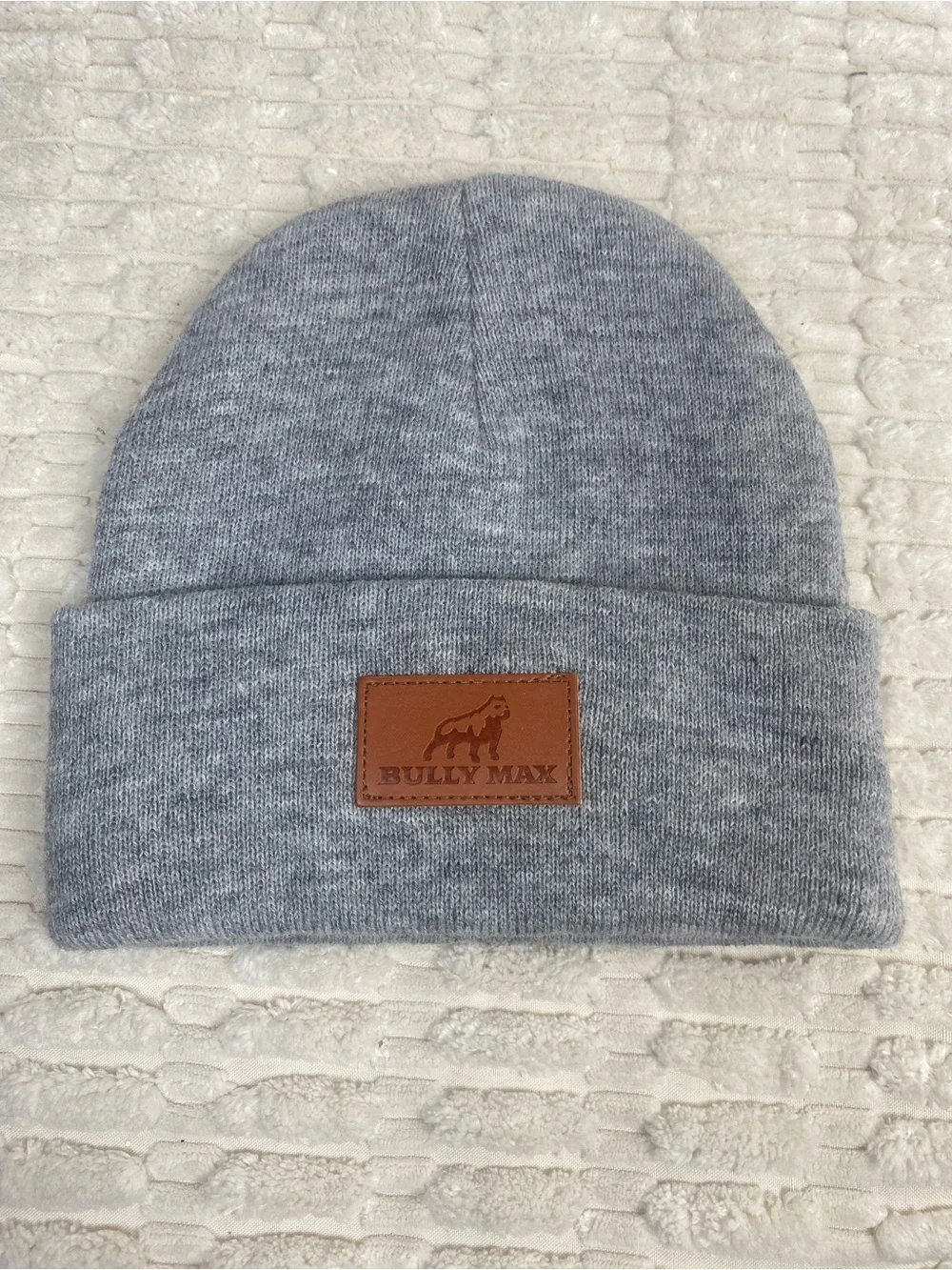 Pitbull Lovers! Bully Max Heather Grey Knit Beanie Brown Faux Leather Patch Cuff